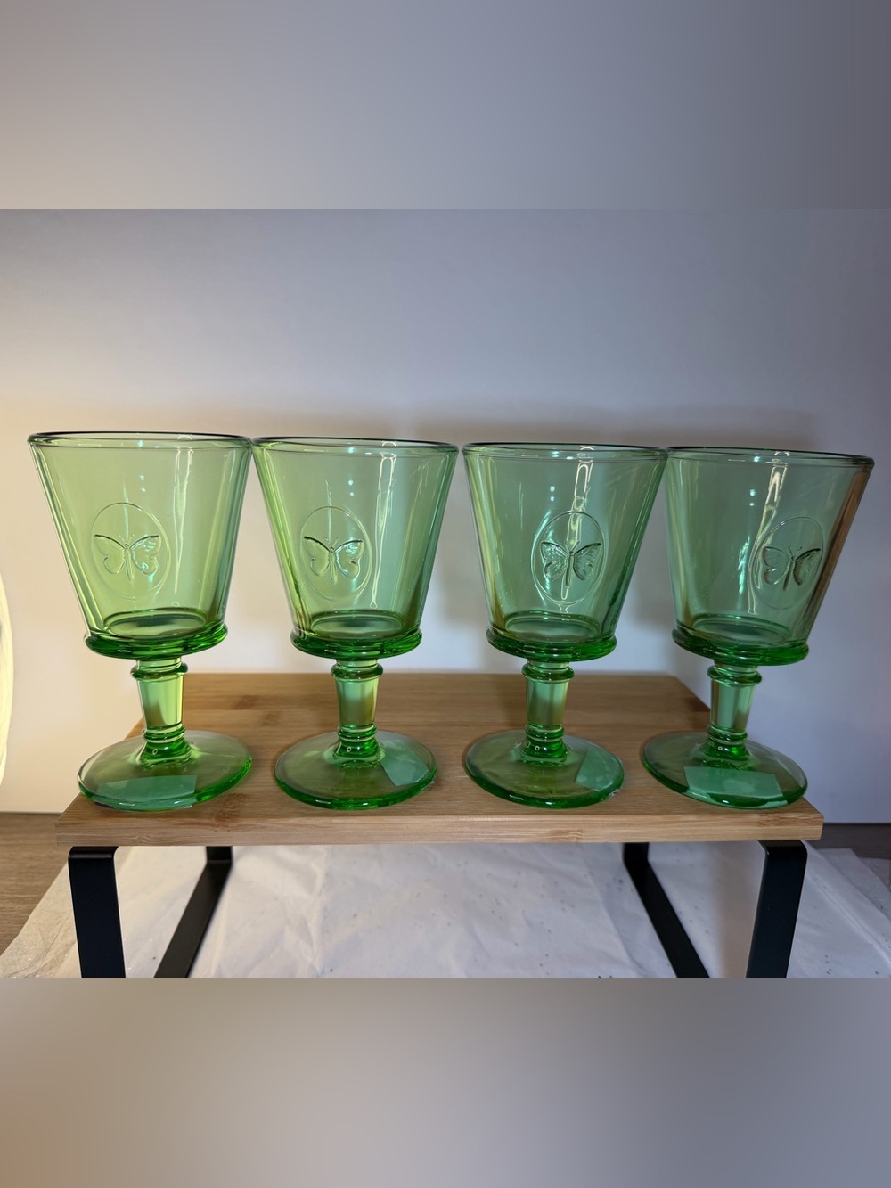 La Rochere France Papillon BUTTERFLY  Mint Green Set of 4 Wine Glasses NEW